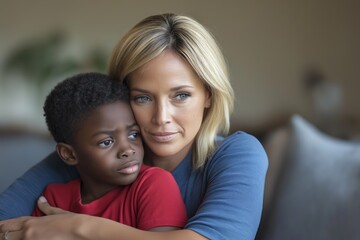 Fototapeta premium Mother's embrace showing love and comfort to young child, illustrating emotional bond and parental support in family setting