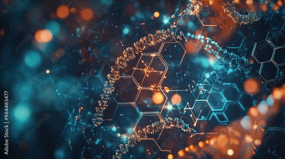 Poster digital representation of hexagonal shapes interspersed with genetic sequences and molecular diagram