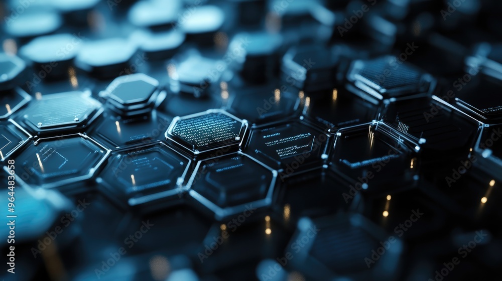 Poster intricate hexagon patterns with integrated genetic codes and molecular diagrams for advanced researc