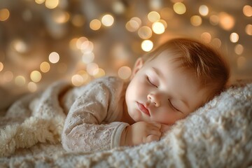 Sleeping baby with warm bokeh lights. Peaceful newborn baby asleep on a soft blanket surrounded by warm bokeh lights. Ideal for family, parenting, and holiday themes.