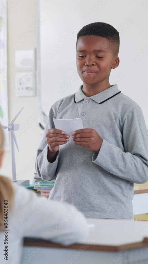 Poster boy, school and talking for oral presentation, show and tell with learning, development and progress
