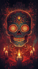 Symbolic Sugar Skull with Glowing Outline and Floral Patterns - Floral Shadows Days Of The Dead - Vibrant and Symbolic Illustrations
