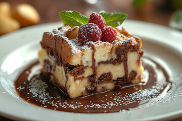 Indulge in rich chocolate bread and butter pudding drizzled with luscious sauce and topped with fresh raspberries and mint
