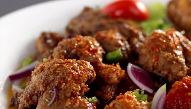 Closeup shot of deliciously prepared chicken served with onions and chili sauce
