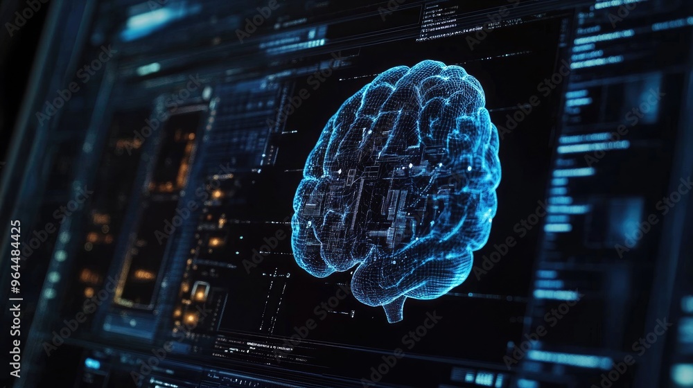 Poster a close-up of a brain scan on a futuristic screen, with computer-generated algorithms controlling ne