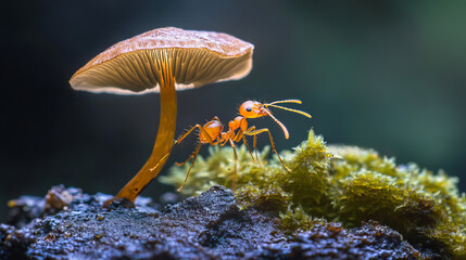 A tiny ant, called a weaver ant, is about to leap off a mushroom. The background behind it is a mix of green and black.