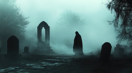 A dark, shadowy figure standing in a misty graveyard, with a long cloak billowing in the wind and a sense of dread in the air.