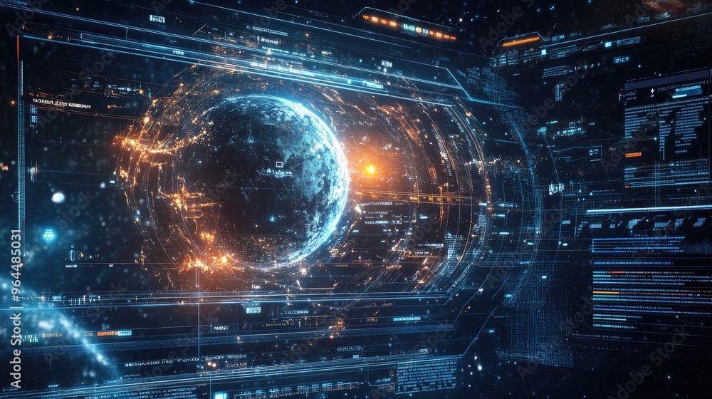 Poster a digital interface where a futuristic user adjusts the speed of planetary rotations and controls th