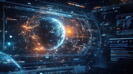 A digital interface where a futuristic user adjusts the speed of planetary rotations and controls the brightness of stars, illustrating technology's power over the cosmos.