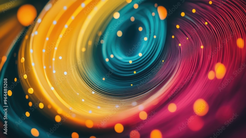 Poster a dynamic design with dotted lines curving around colorful circles, creating a sense of flow and mov