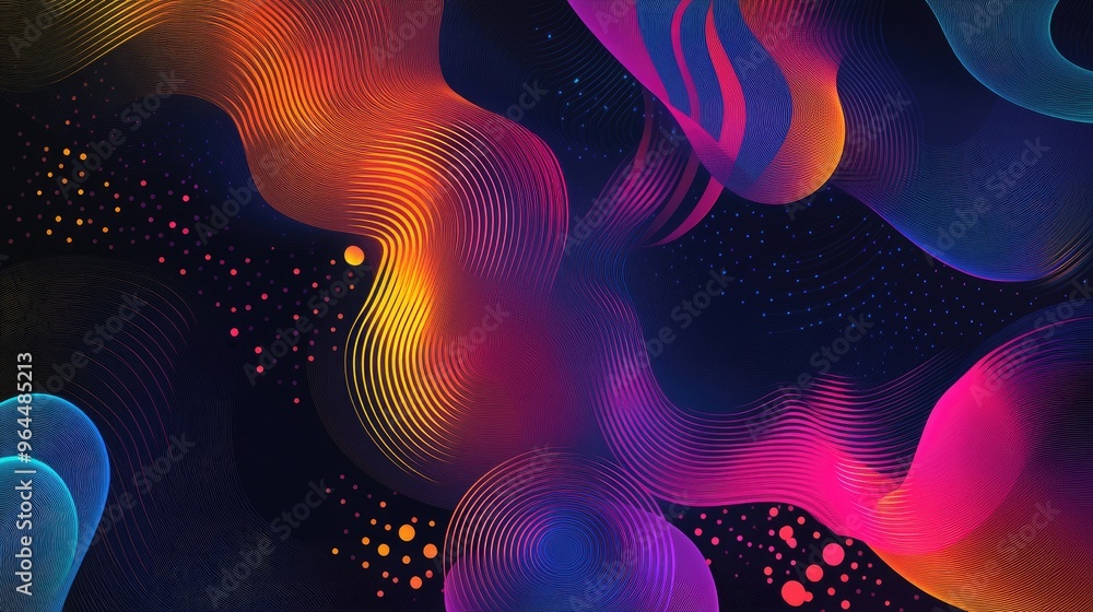 Poster a dynamic design with dotted lines curving around colorful circles, creating a sense of flow and mov