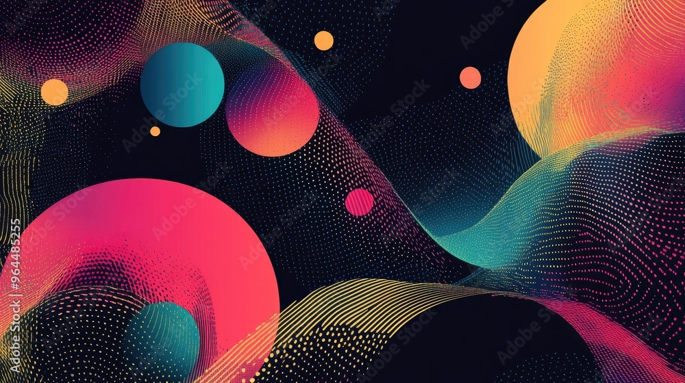 Poster a dynamic design with dotted lines curving around colorful circles, creating a sense of flow and mov
