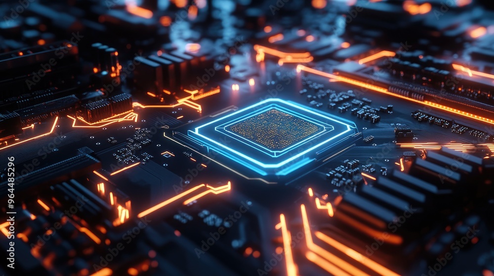 Poster a futuristic ai chipset on a motherboard, highlighted by neon circuitry lines and digital waves repr