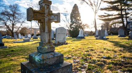 Weathered cross gravestone in a cemetery at sunset.