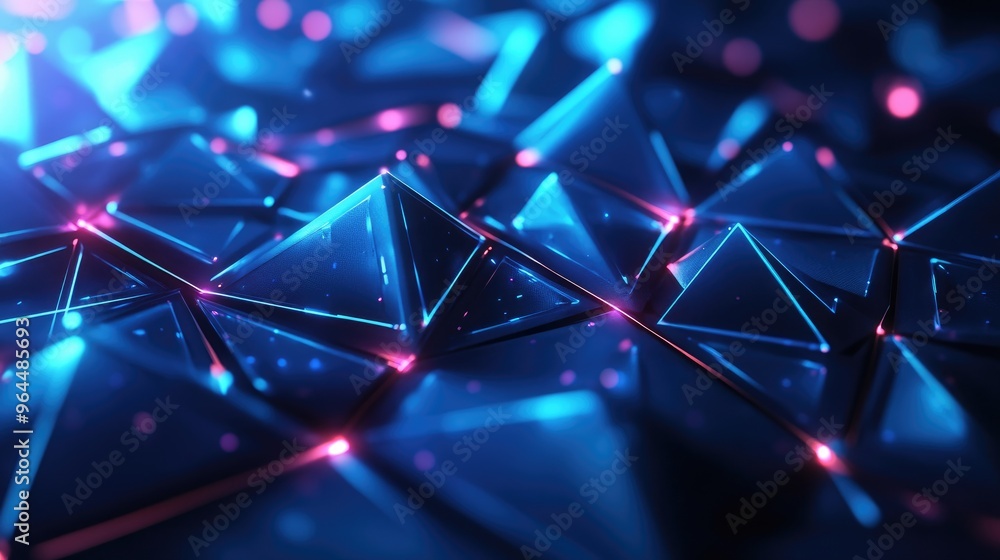 Poster a futuristic, tech-inspired background with glowing triangles and grid lines on a dark blue surface.