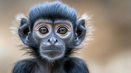 Fototapeta premium A close up of a baby monkey with big eyes and long hair, AI