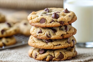 A stack of chewy peanut butter chocolate chip cookies, with a glass of milk in the background
