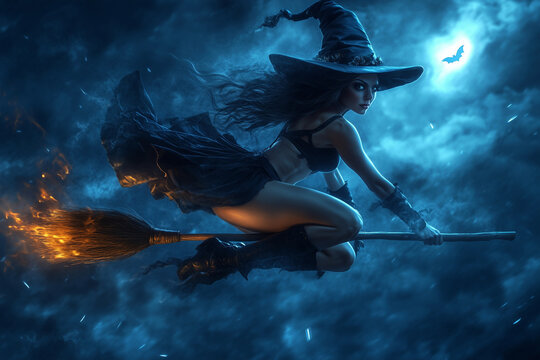 a witch on her broomstick flying at night 
