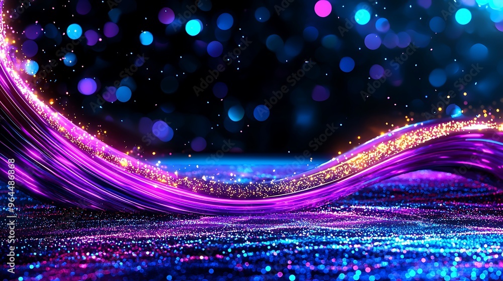 Poster neon lights flicker in abstract patterns, with glittering particles swirling.