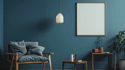 A stylish, dark blue living room with elegant furniture, plants, and a soft ambience accentuated by gentle lighting, exuding modern sophistication.