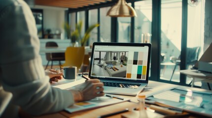 A designer working on a project with a laptop in a brightly lit, modern studio, reflecting creativity and design.