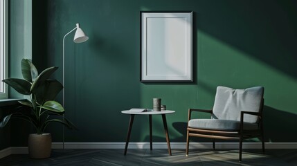 A modern sitting area with a green backdrop wall, featuring a cozy armchair, small table, and stylish décor, creating a sophisticated and calm ambiance.