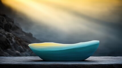 Abstract Blue and Yellow Ceramic Bowl on Wooden Table with Dramatic Light