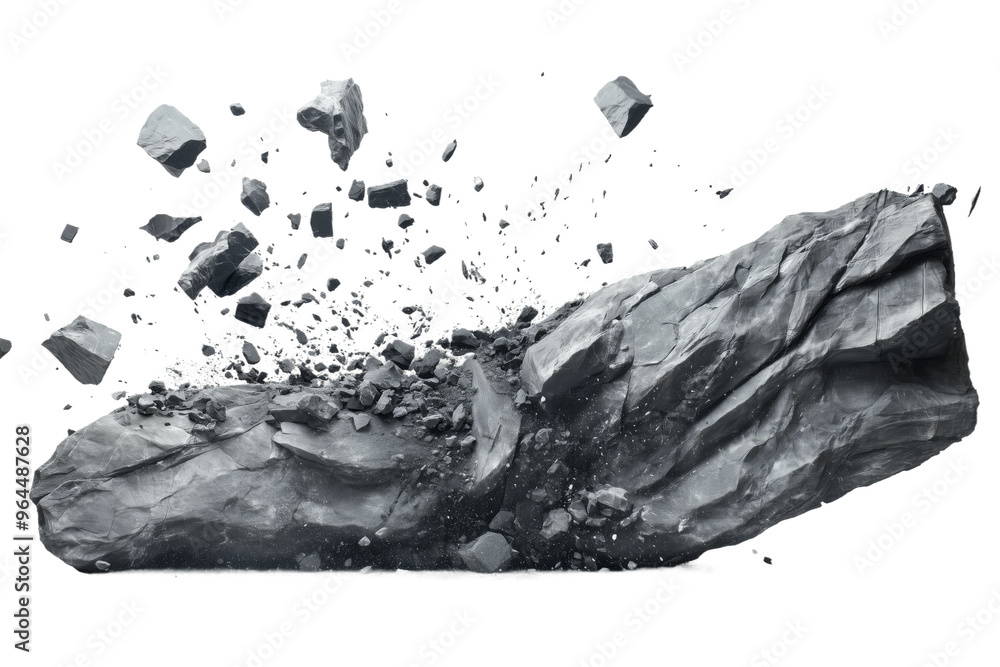 Poster dynamic explosion of a large rock fragment dispersing debris against a transparent background