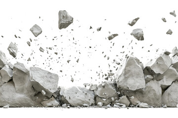 Debris flying from a concrete wall during demolition, captured against a transparent background to emphasize the action and impact