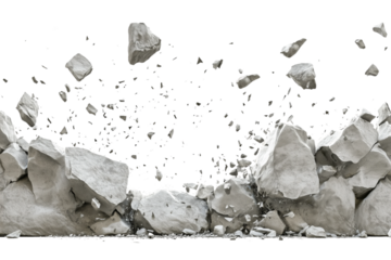 Debris flying from a concrete wall during demolition, captured against a transparent background to emphasize the action and impact