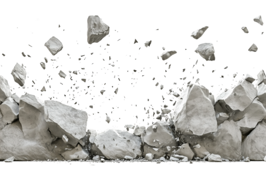 Debris flying from a concrete wall during demolition, captured against a transparent background to emphasize the action and impact