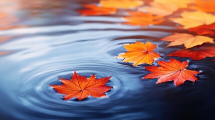 A group of leaves floating on top of water with ripples, AI