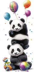 pandas cute animals playful pandas panda cubs toys colorful toys cartoon pandas happy animals animal illustration cheerful pandas kids’ art wildlife