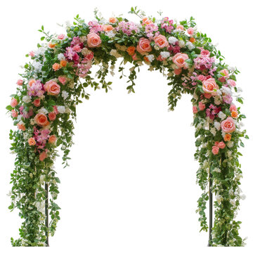 Floral arch adorned with pink and white roses at a wedding ceremony in spring, creating a romantic atmosphere for the celebration