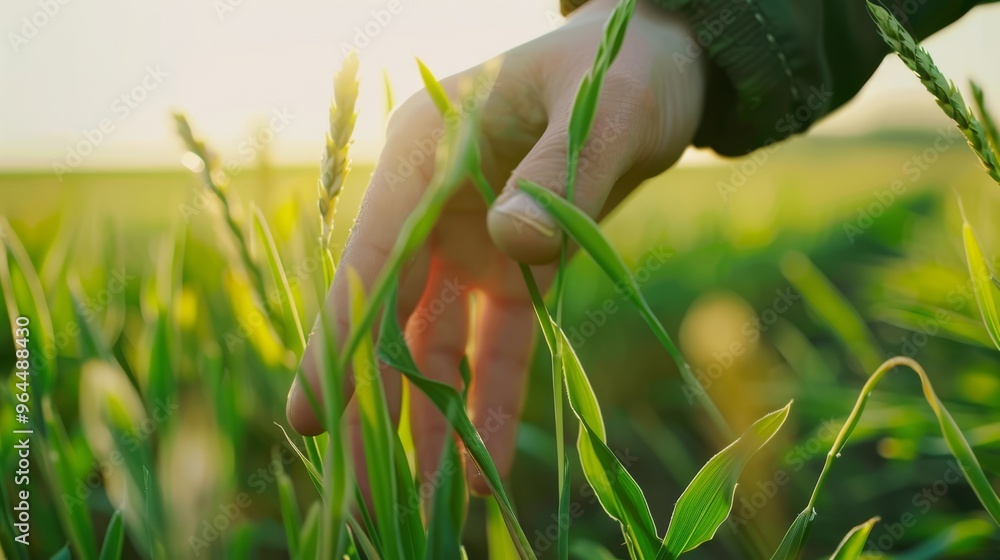 Poster A hand gracefully brushing through lush green wheat stalks in a sunlit field, capturing the essence of nature's tranquility and growth.