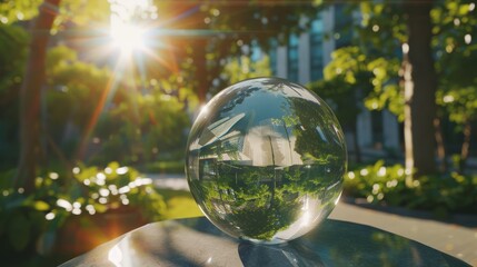 A captivating clear crystal ball reflecting a lush, green urban park bathed in the golden hues of a setting sun, creating a magical moment of serenity.