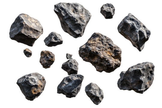 Asteroids swarm of boulders or stone meteorite isolated on transparent or white background, png