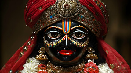 Naklejka premium A detailed depiction of a deity adorned with traditional jewelry and vibrant attire.