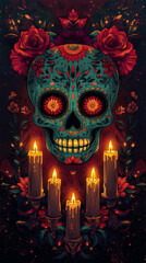 Symbolic Sugar Skull Surrounded by Candles and Intricate Designs - Floral Shadows Days Of The Dead - Vibrant and Symbolic Illustrations

