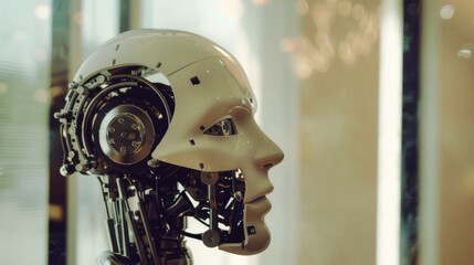 A close-up profile view of a sophisticated humanoid robot with intricate mechanical parts, symbolizing future technology and artificial intelligence.