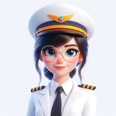 3D Render Cute Female Pilot in White Uniform with Glasses, Clean and Simple Design on Solid White Background