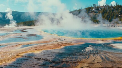 Fototapeta premium Steaming geothermal hot springs with vibrant colors, surrounded by a serene, mountainous landscape under a blue sky.