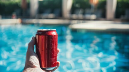A hand holds a cold, red can of soda, with a refreshing pool in the background, capturing a perfect summer day.