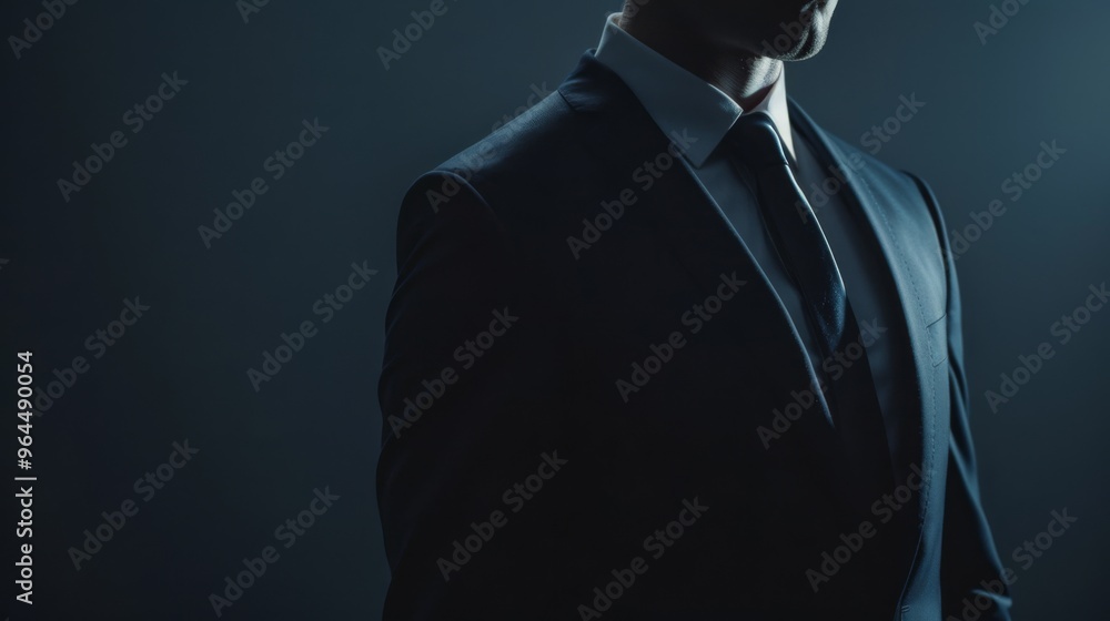 Wall mural partial view of a man in a suit against a minimalist dark background, emphasizing the smart and form