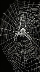 Obraz premium Close-up spider web against a dark background, Black and white halloween backdrop