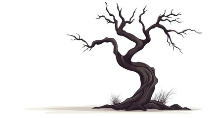 Eerie Cartoon Spooky Tree with Bent Branches on White Background