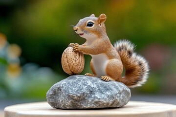 Obraz premium Funny statue, squirrel holding a nut the size of a boulder creates a playful exaggeration of nature's small creatures