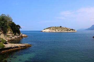 An island in the middle of the sea and the rocks next to it. Amasra, Bartin, Turkey