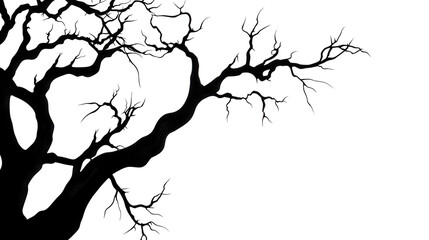 Enigmatic Spooky Tree Silhouette with Jagged Branches on White Background