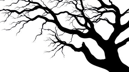 Eerie Silhouette of Spooky Tree with Sharp-Angled Branches on White Background